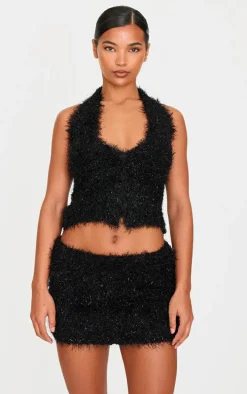 Black Bobble Eyelash Knit Halterneck Vest