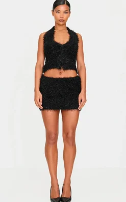 Black Bobble Eyelash Knit Halterneck Vest