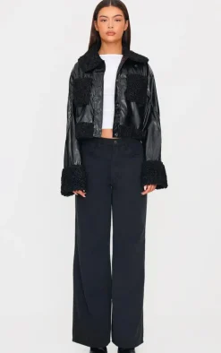 Black Borg Pocket Front Faux Leather Cropped Coat