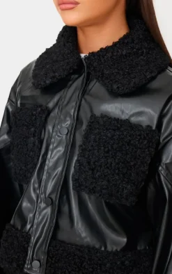 Black Borg Pocket Front Faux Leather Cropped Coat