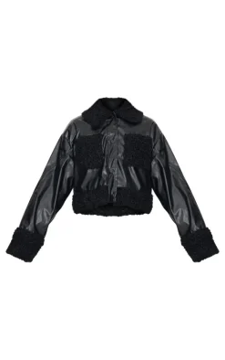 Black Borg Pocket Front Faux Leather Cropped Coat