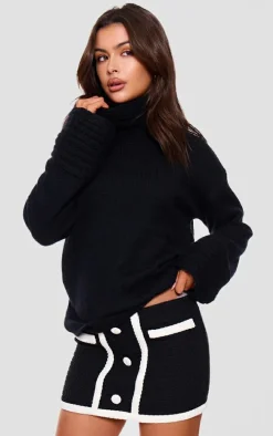 Black Boucle Button Detail Mini Skirt