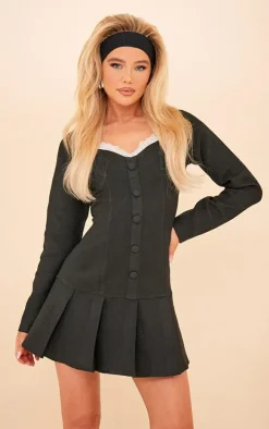 Black Boucle Button Down Lace Detail Bodycon Dress