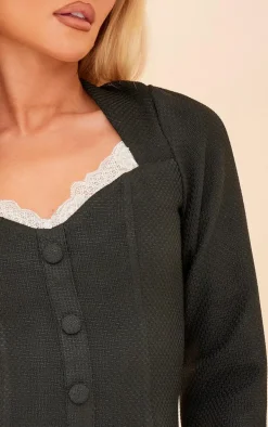 Black Boucle Button Down Lace Detail Bodycon Dress