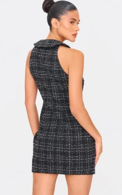 Black Boucle Button Up Mini Dress