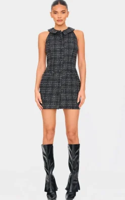 Black Boucle Button Up Mini Dress