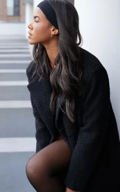 Black Boucle Double Breasted Structured Maxi Coat