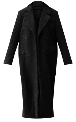Black Boucle Double Breasted Structured Maxi Coat