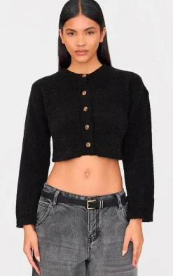 Black Boucle Knit Button Through Cropped Cardigan