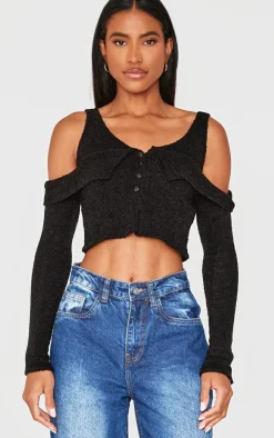 Black Boucle Knit Cold Shoulder Button Up Top