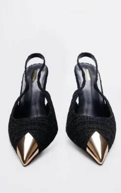 Black Boucle Metal Toe Cap High Stiletto Court Heels