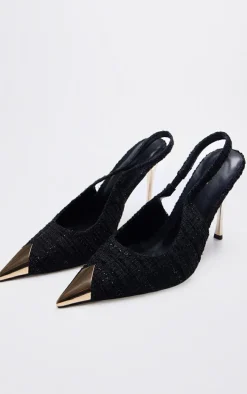 Black Boucle Metal Toe Cap High Stiletto Court Heels