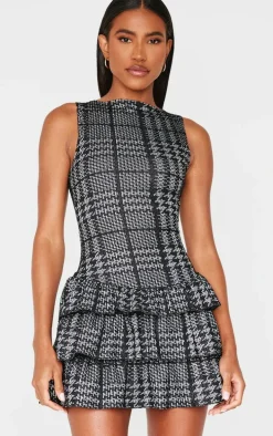 Black Boucle Sleeveless Frill Mini Dress