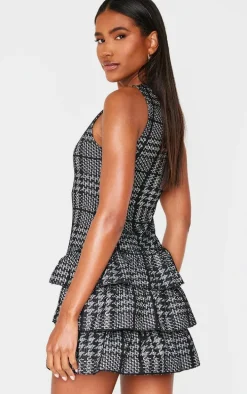 Black Boucle Sleeveless Frill Mini Dress