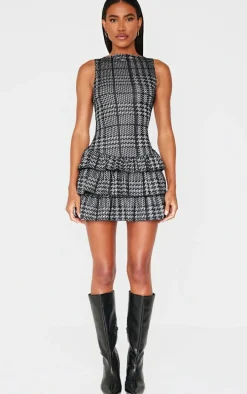 Black Boucle Sleeveless Frill Mini Dress