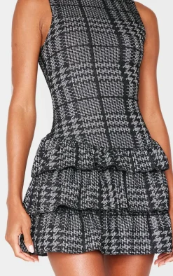 Black Boucle Sleeveless Frill Mini Dress