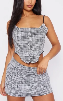 Black Boucle Tweed Strappy Corset Top