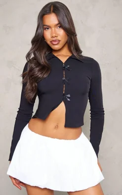 Black Bow Detail Hook & Eye Long Sleeve Top