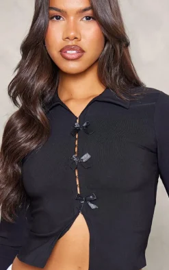 Black Bow Detail Hook & Eye Long Sleeve Top