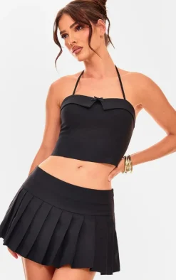 Black Bow Detail Tie Neck Halterneck Crop Top