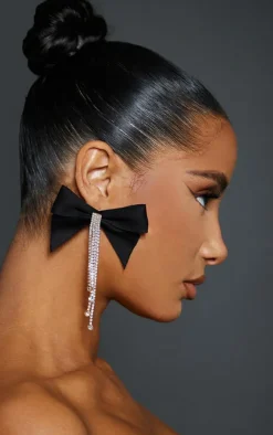 Black Bow Diamante Drop Statement Earrings