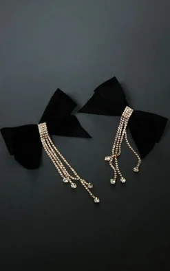 Black Bow Diamante Drop Statement Earrings