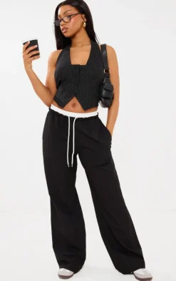 Black Boxer Detail Drawstring Waist Pants