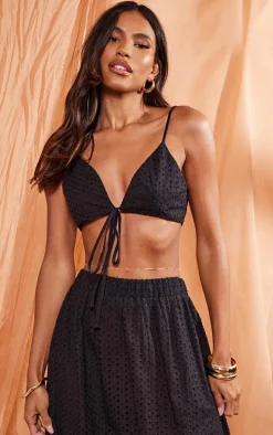 Black Broderie Anglais Tie Front Triangle Bralet