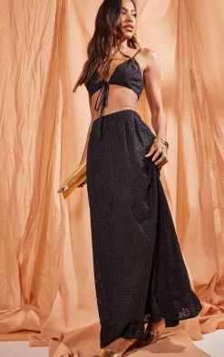 Black Broderie Anglais Tie Front Triangle Bralet