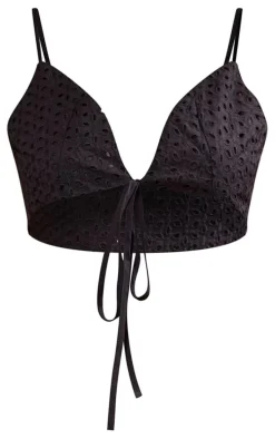 Black Broderie Anglais Tie Front Triangle Bralet