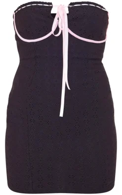 Black Broderie Contrast Ribbon Bandeau Bodycon Dress
