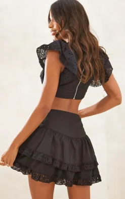 Black Broderie Frill Trim Plunge Blouse