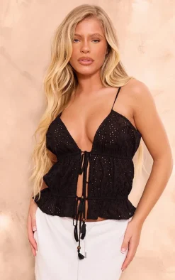 Black Broderie Tie Front Crop Cami Top