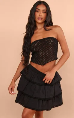 Black Broderie Trim Tiered Mini Skirt
