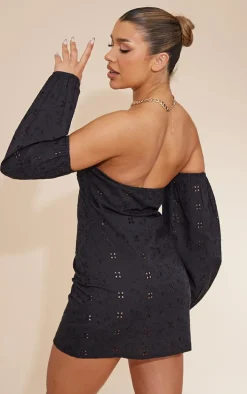 Black Broderie Underbust Detail Bardot Shift Dress