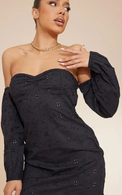 Black Broderie Underbust Detail Bardot Shift Dress