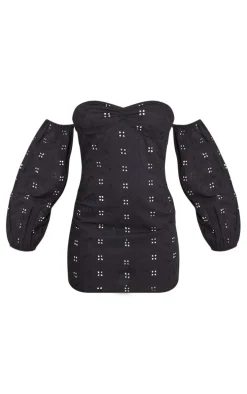 Black Broderie Underbust Detail Bardot Shift Dress