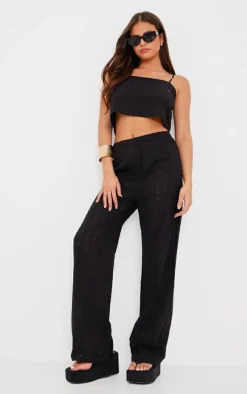 Black Broderie Wide Leg Pants