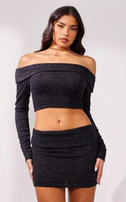 Black Brushed Fold Over Mini Skirt