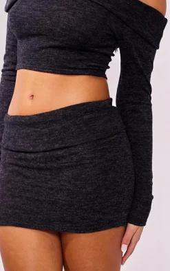 Black Brushed Fold Over Mini Skirt