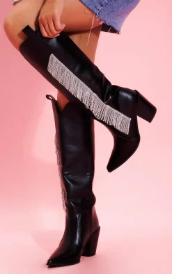 Black Brushed PU Point Toe Diamante Fringe Calf High Western Boots