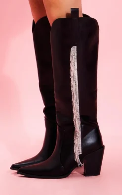 Black Brushed PU Point Toe Diamante Fringe Calf High Western Boots