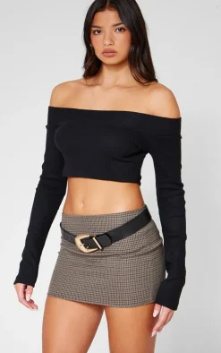 Black Brushed Rib Bardot Long Sleeve Top
