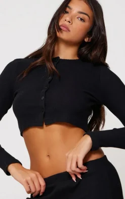 Black Brushed Rib Button Front Cardigan