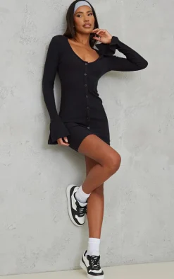 Black Brushed Rib Plunge Flare Sleeve Shirt Dress
