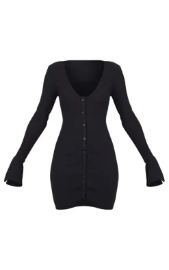 Black Brushed Rib Plunge Flare Sleeve Shirt Dress