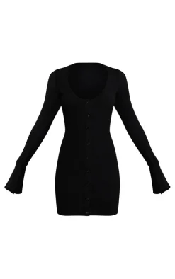 Black Brushed Rib Plunge Flare Sleeve Shirt Dress