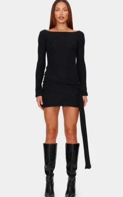 Black Brushed Rib Tie Waist Detail Bodycon Dress