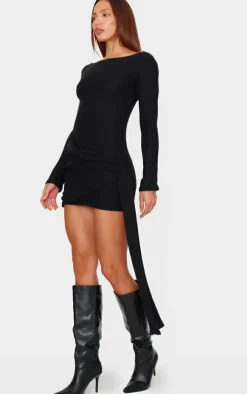 Black Brushed Rib Tie Waist Detail Bodycon Dress