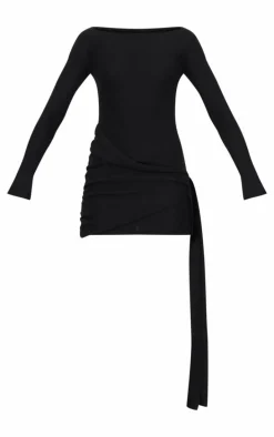 Black Brushed Rib Tie Waist Detail Bodycon Dress